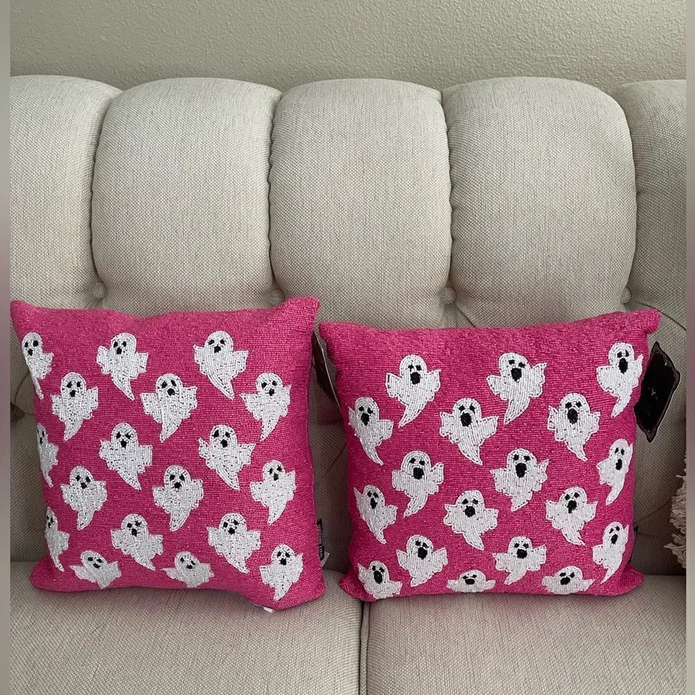 Two Well Dressed Home Beaded Ghost Pillows Hot Pink Tiktok Halloween NWT